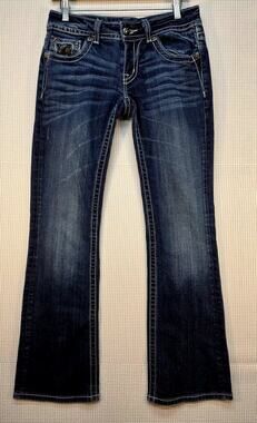 Miss Me Easy Boot Cut Jeans Dark Wash Lace Sequins Studded Y2K Embellished Glam